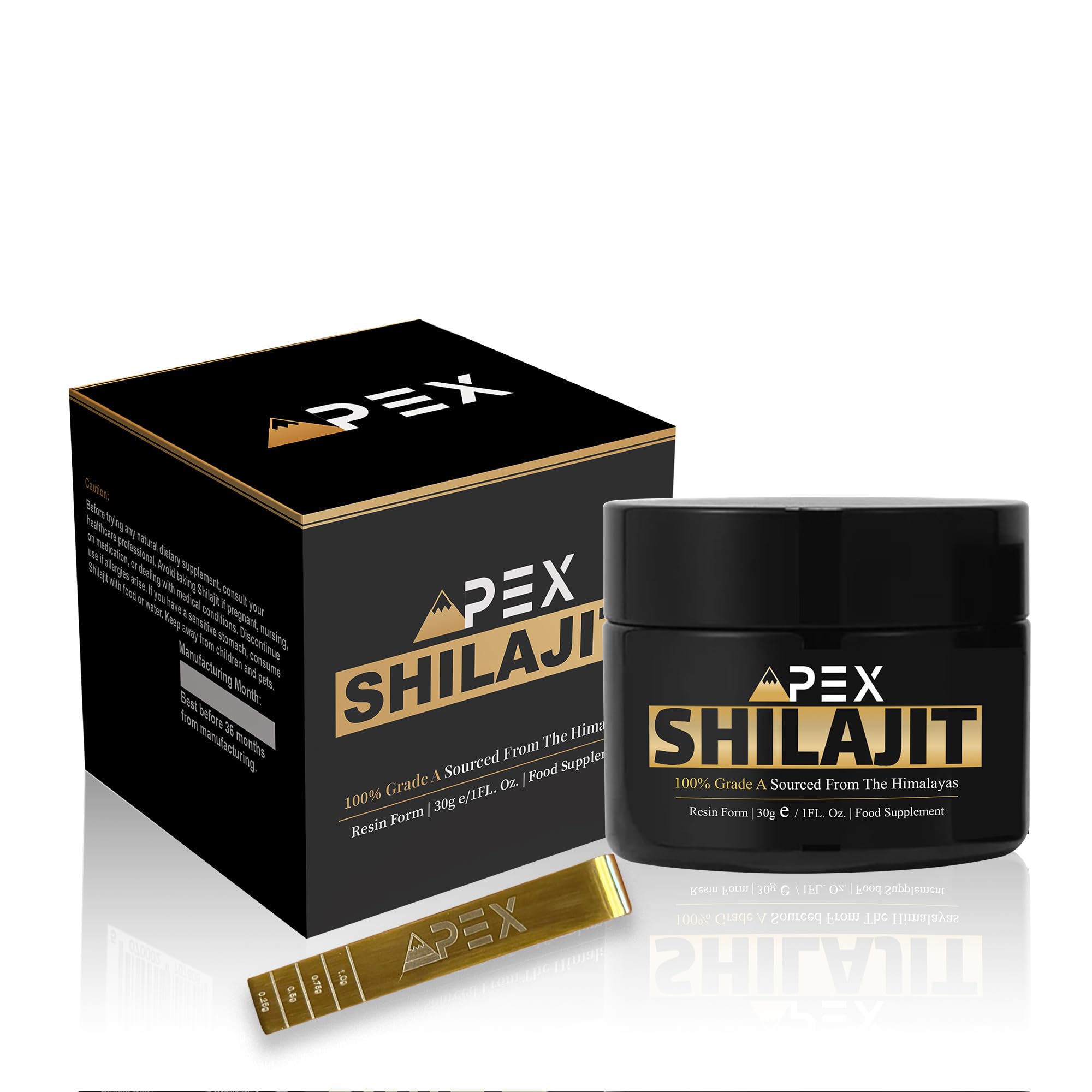 Apex Well-being Organic Shilajit Resin with Spoon - Gold Grade 100% Pure - Original Himalayan Shilajit 30g - Rich in Fulvic & Humic Acid - Minerals, Immune System, Vitality & Energy Booster, Vegan
