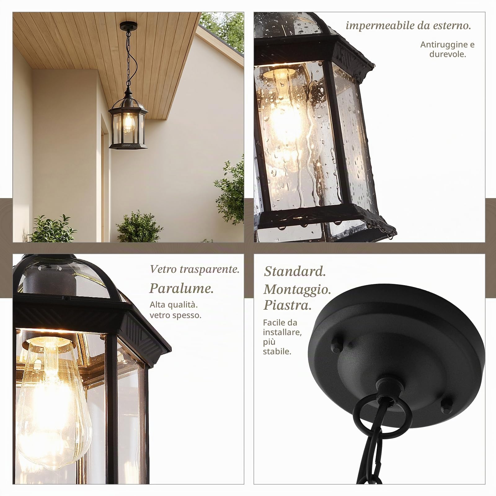 Lampada a Sospensione Esterno Impermeabile Nero Retro Lampadario A Sospensione Luci Esterno E27 Alluminio Antiruggine E Vetro Spesso Industriale Lanterna Da Esterno Giardino Lampadario Vintage Gazebo
