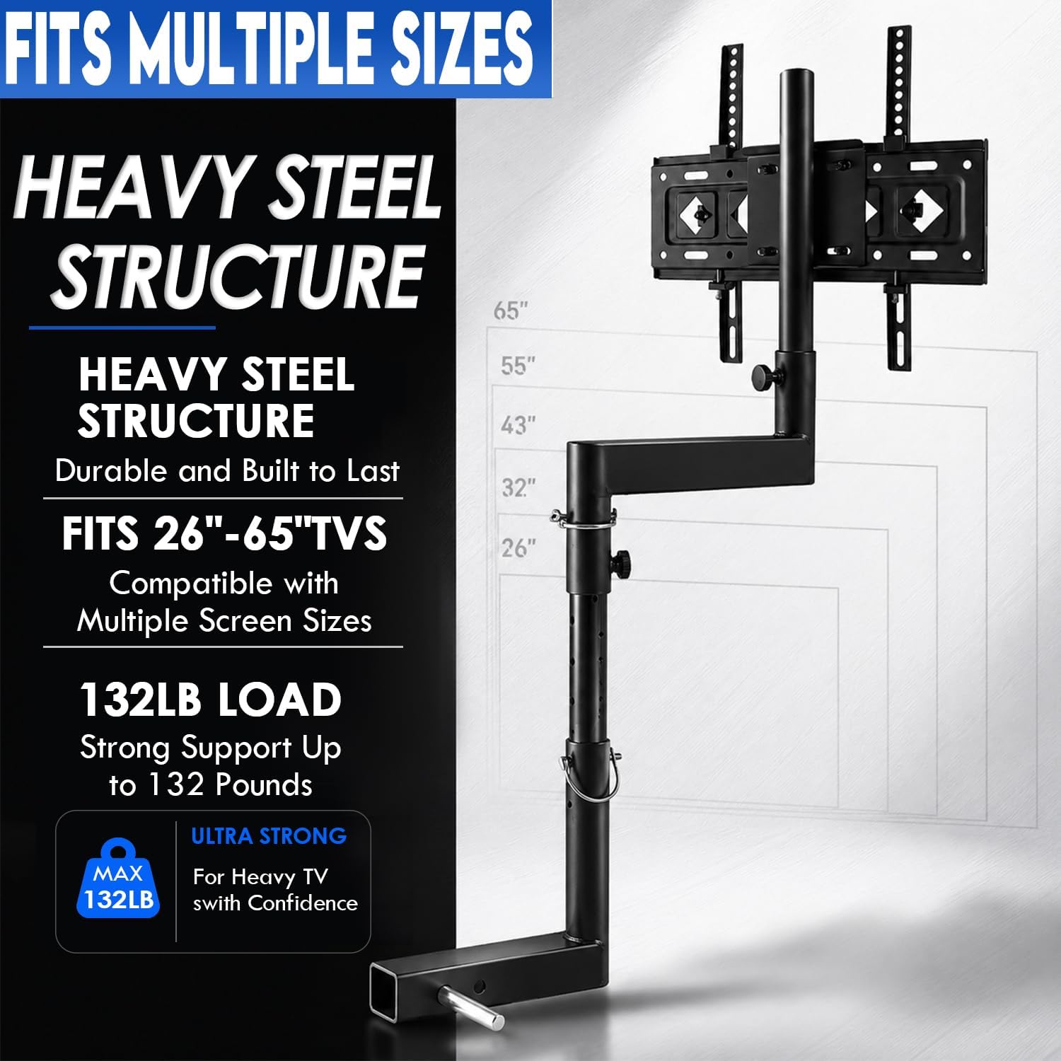 Tailgate TV Mount for 2 Inch Receiver Hitch | Height Adjustable Heavy Duty Steel Rack Fits 26-65 inch TVs, Max Load 132 lbs (60 kg) – Black