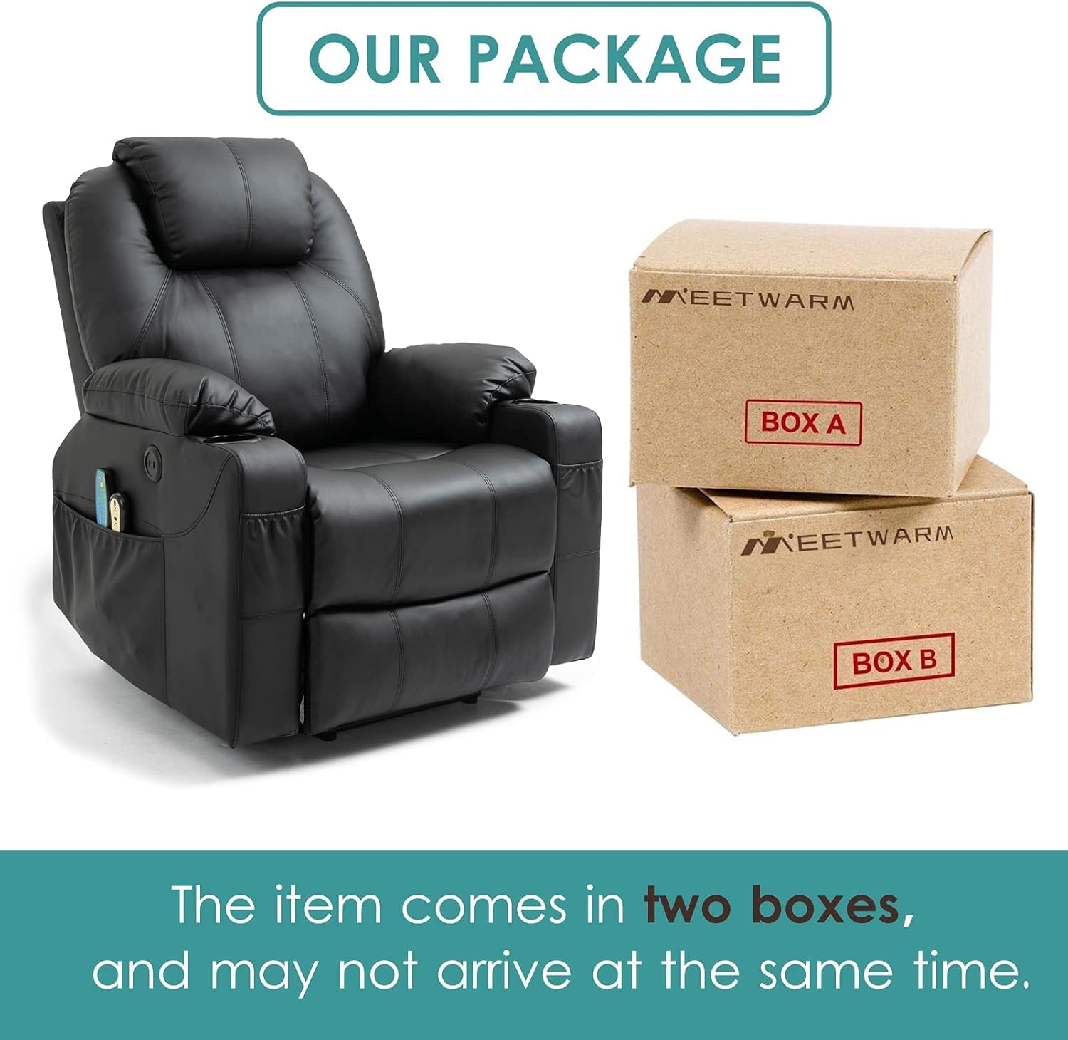 MEETWARM Power Lift Chair Electric Recliner for Elderly Heated Vibration Massage Faux Leather Recliner Chair with 2 Remote Controls, USB Ports, Cup Holders & Side Pockets for Living Room (Black)