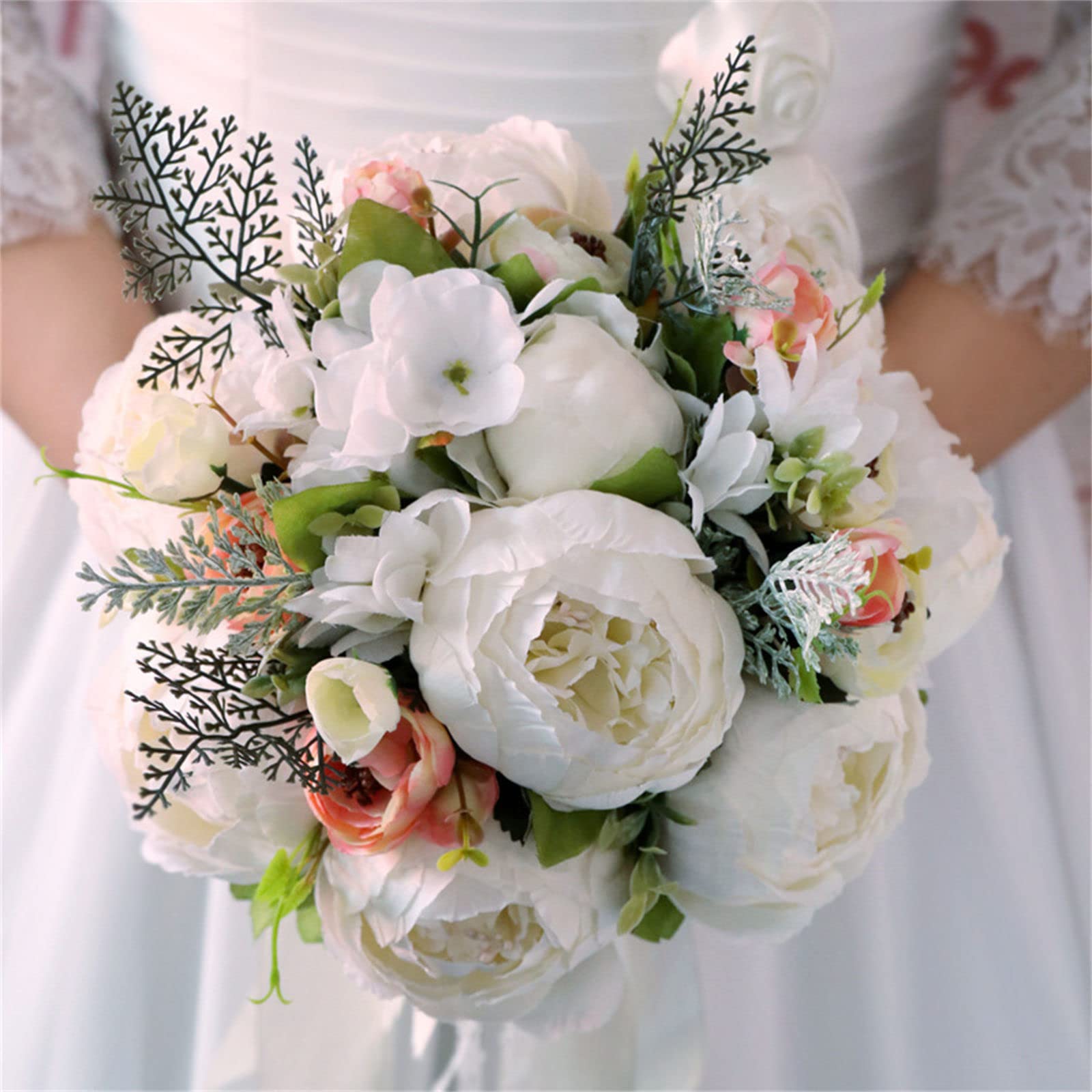 Bouquet di Fiori Artificiali da 8 Pollici, Rose Bianche finte in Seta, Bouquet da Sposa per Cerimonia, Anniversario, Baby Shower, Boho Rustico Vintage.