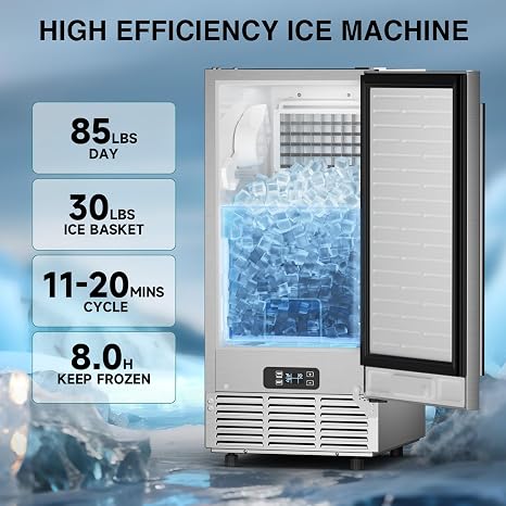 Commercial Under Counter Ice Maker Machine 15 Wide, 85 lbs/Day,Stainless Steel Built-in Freestanding Ice Maker with 30 lbs Storage Bin, Under Cabinet Ice Machine for Home Commercial Use