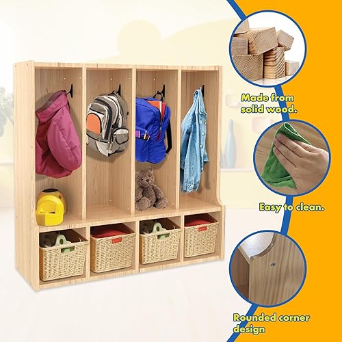 Miniatura 6 de Armario de abrigos para niños con banco, muebles naturales para niños pequeños de 4 secciones para almacenamiento organizado (4 secciones)