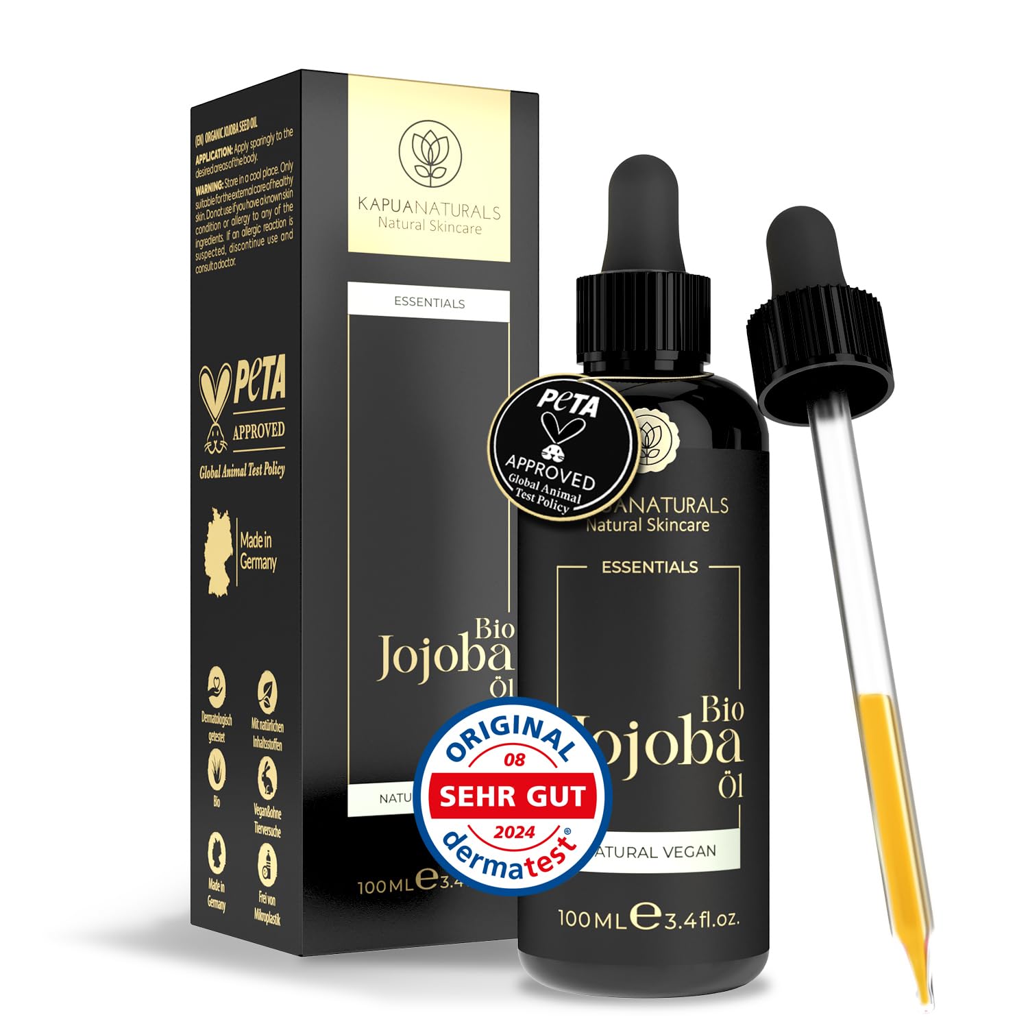 Jojobaöl Bio Kaltgepresst - 100ml - COSMOS zertifiziert 100% Rein - Reguliert Sebum, Anti-Pickel, Pflegt Sanft - Für Haare, Gesicht, Körper, Nägel - Ceramid-reich - Aus Spanien Hexanfrei Vegan