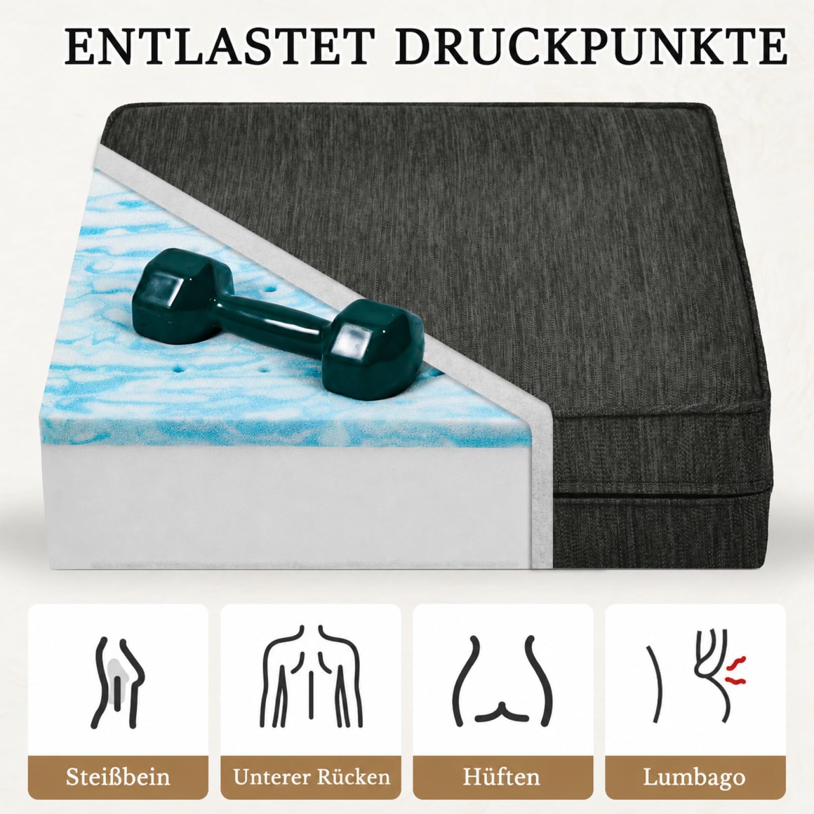 Shinnwa Gel-Memory-Foam Sesselauflage mit Lendenwirbelstütze für Senioren, 50x50x12.7 cm Doppelschicht-Design, Rutschfestes Sitzkissen für Relaxsessel, Entlastung von Schmerzen, Schwarz