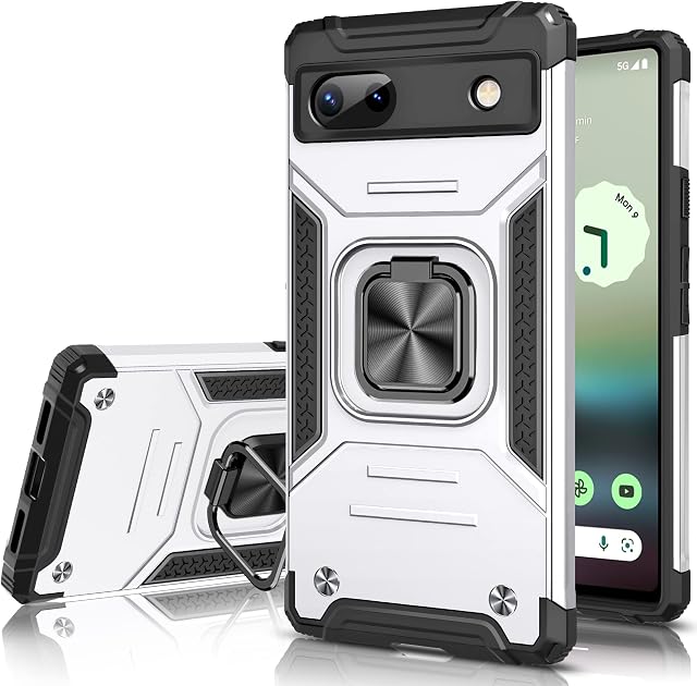 Honeyview ShockProof Case for Google Pixel 6A 5G with Ring Kickstand, Bumper Armour Phone Cover for Google Pixel 6A 5G - Silver White