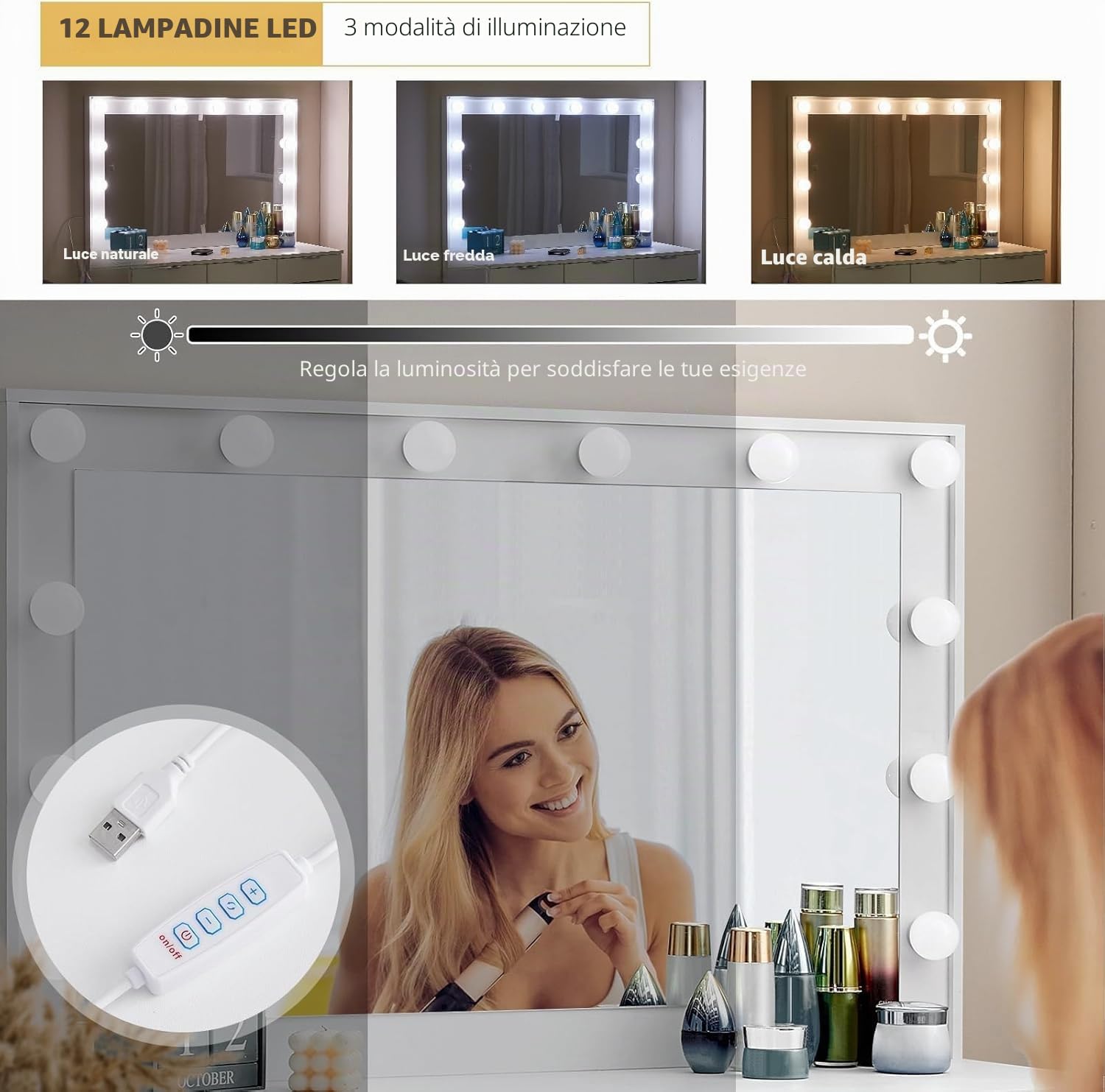 CLIPOP Tavolino da Trucco con Specchio a LED, Tavolino da Trucco con sgabello, Tavolino da Toilette con 4 Cassetti e 1 Contenitore Chiuso per la Camera da Letto