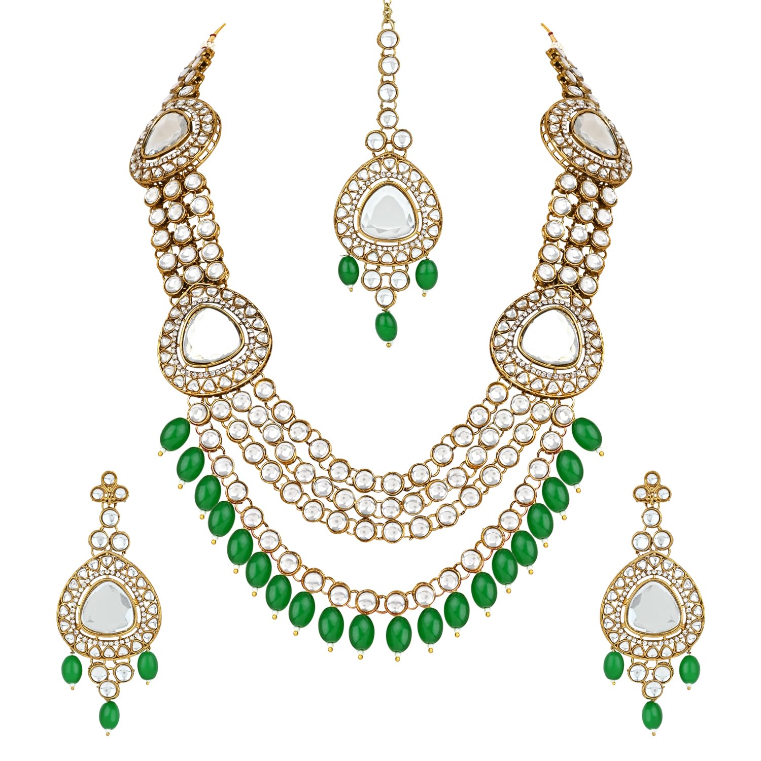 I Jewels Gold Plated Traditional Multi Layered Pearl Kundan Bridal Necklace Jewellery with Dangle Earrings & Maang Tikka Set For Women/Girls (IJ387R) (B0CQXNVF87) Amazon Price History, Amazon Price Tracker