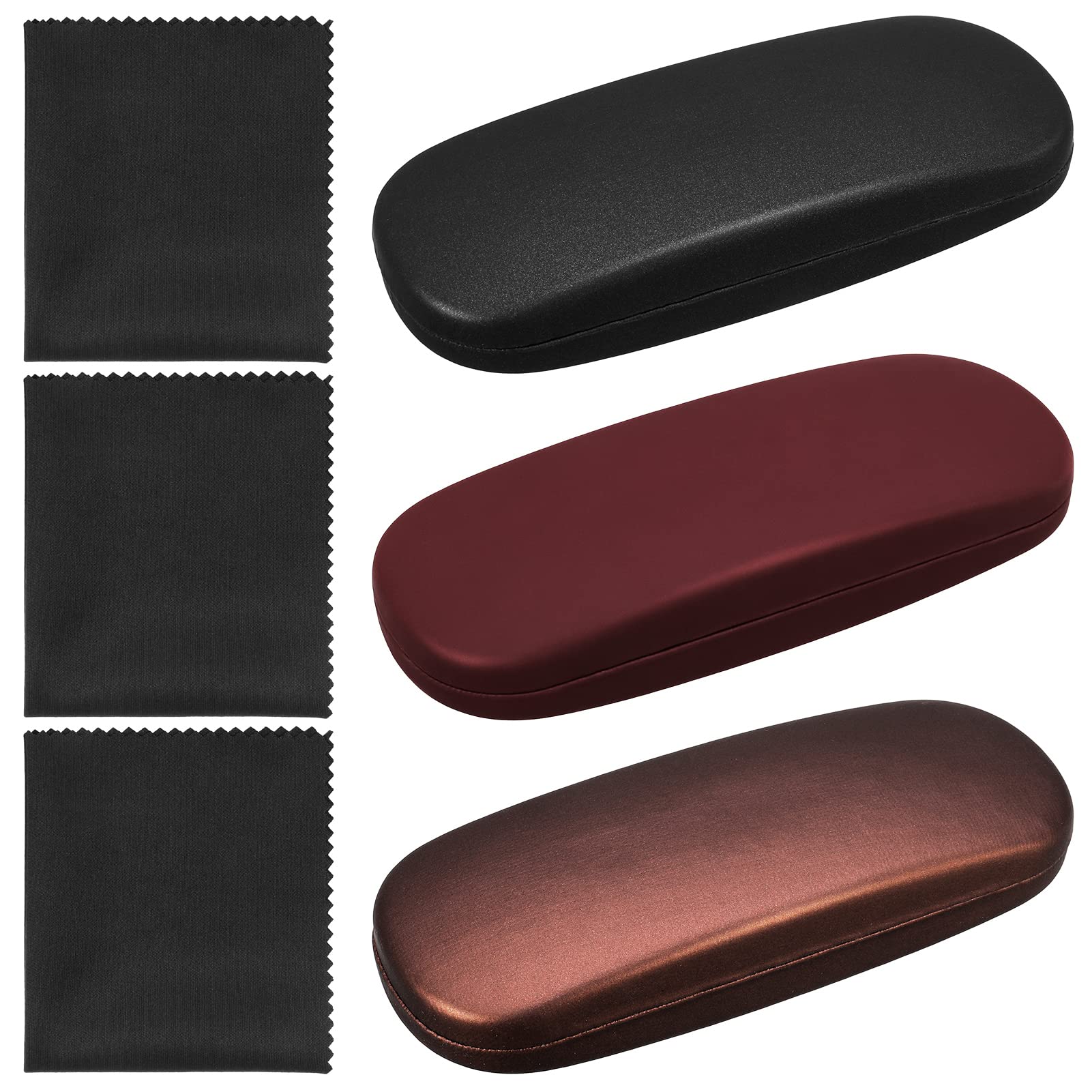 3 Pack Hard Shell Glasses Case with Microfiber Cleaning Cloth, Leather & Metal, Retro, Black, Coffee, Brick Red, Eyeglass Case