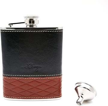 6oz Black and Brown Red Leather Wrapped Hip Flask with a Funnel 18/8 Stainless Steel-YM112