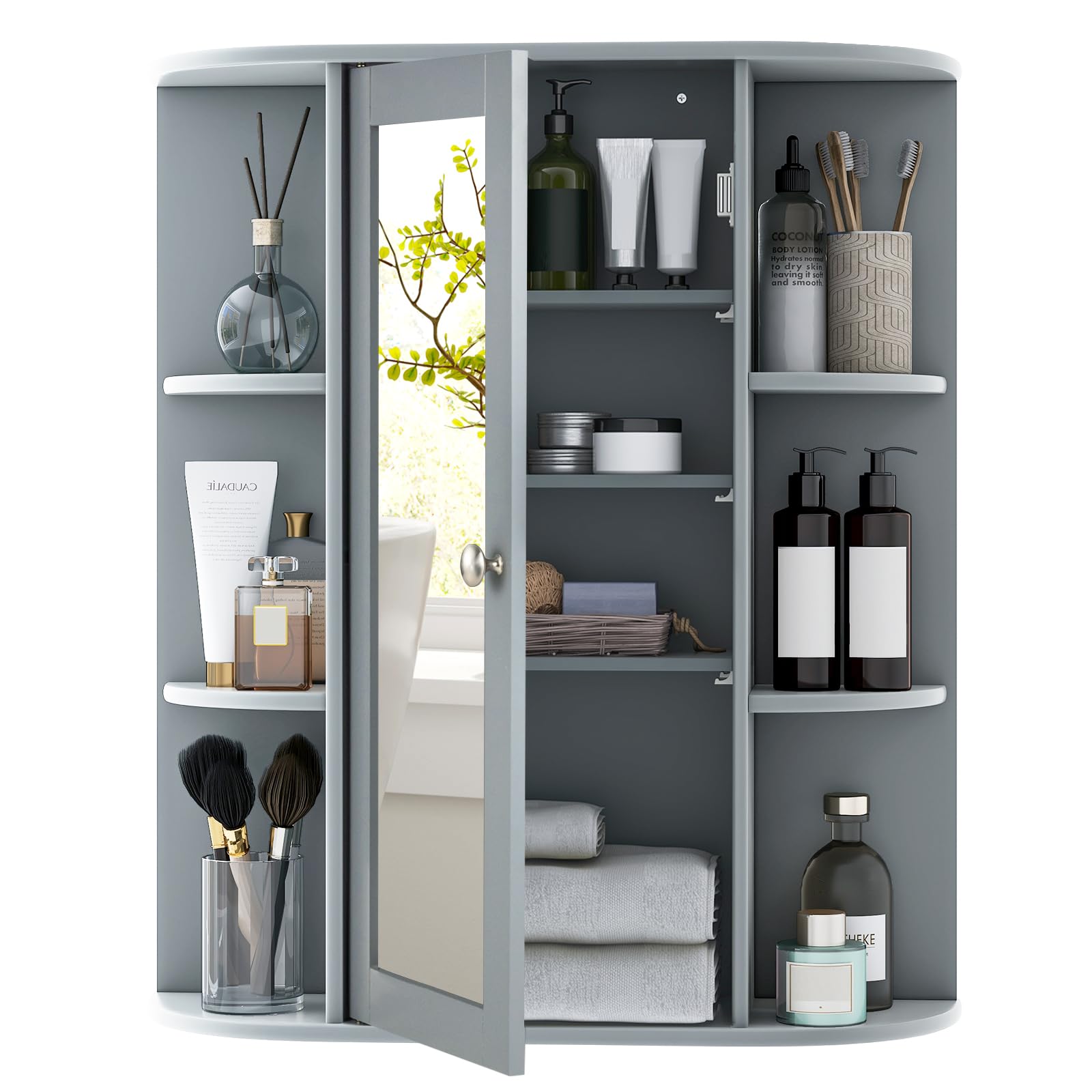 CASART Bathroom Mirror Cabinet, Wall Mounted Storage Cupboard with Single Door and Adjustable Shelves, Wooden Medicine Cabinet Display Organizer Unit for Kitchen Living Room (Grey, 59 x 17 x 70cm) — image 1