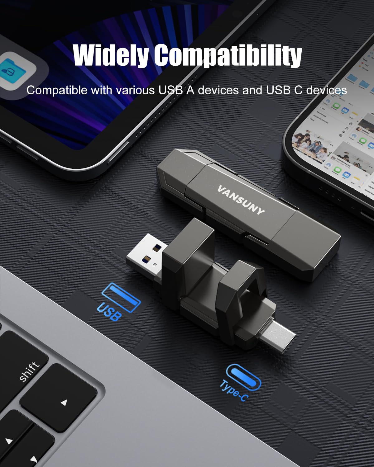 Vansuny Hard disk esterno portatile da 1 TB fino a 500 MB/s USB a stato solido USB 3.2 Dual SSD per telefono Android Tablet Laptop MacBook PC
