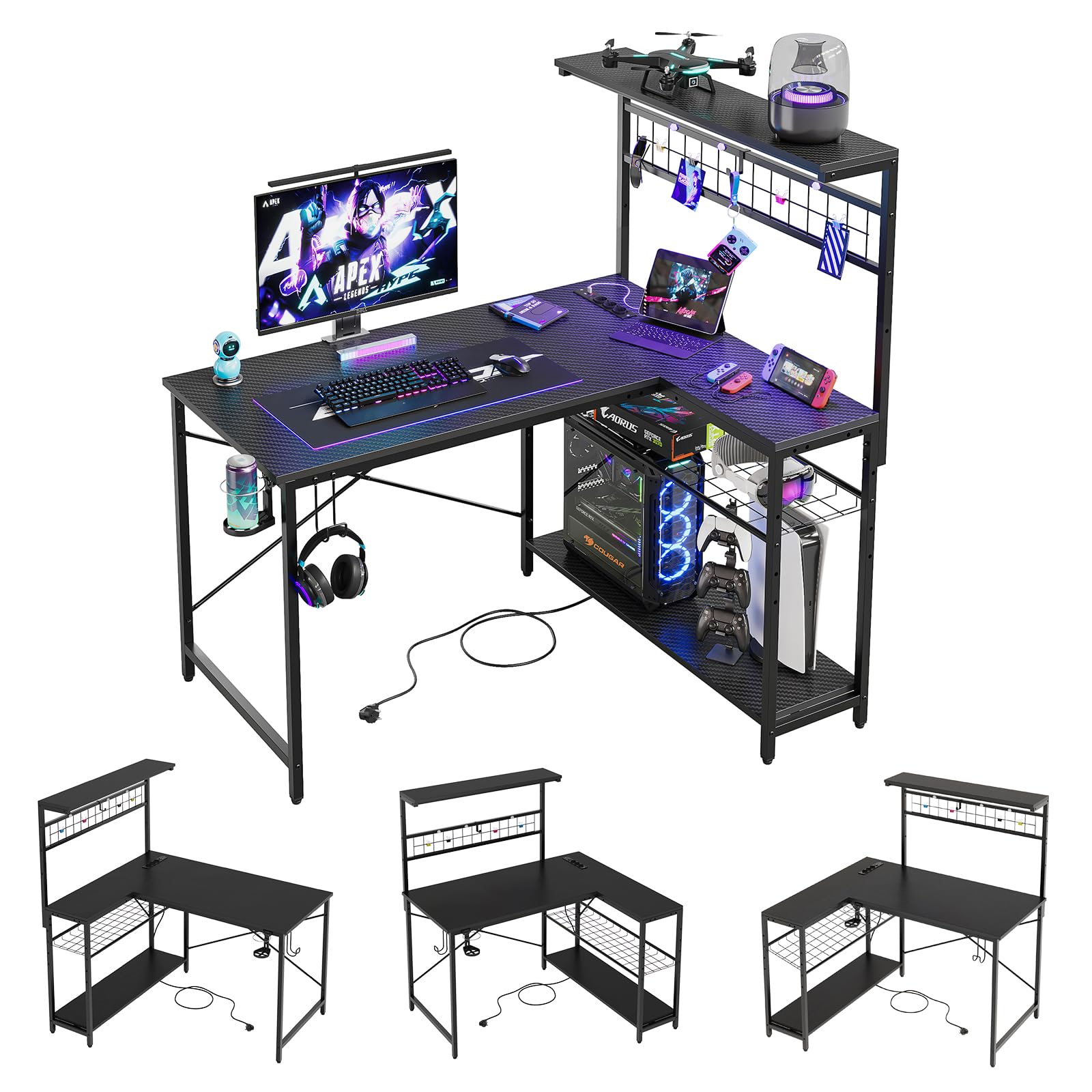Bestier Scrivania a L con prese di corrente e luci LED Scrivania angolare compatta con ripiani Scrivania per computer reversibile con ganci per la camera da letto dell'ufficio domestico 106,5CM
