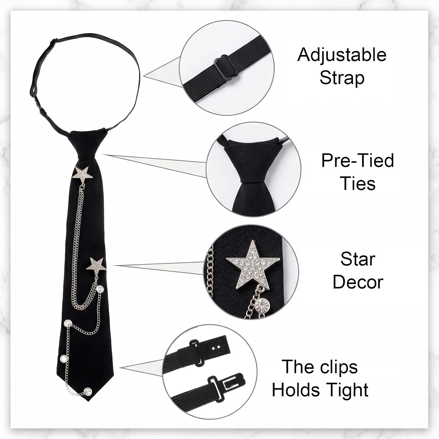 Black Tie for Women Men Punk Neck Tie - Metal Star Chain Y2K Pre-Tied Adjustable Necktie for School Shirt Business Daily Wear