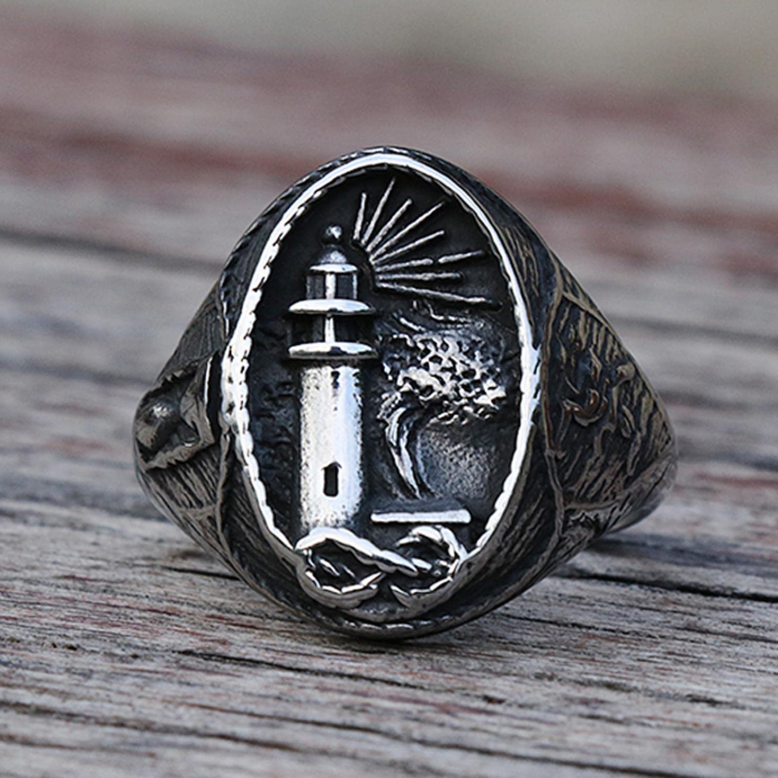 XJruixi Vintage Nautical Lighthouse Viking Ring Men 316L Stainless Steel Nautical Amulet Signet Ring Nordic Peace Amulet Jewelry Gift