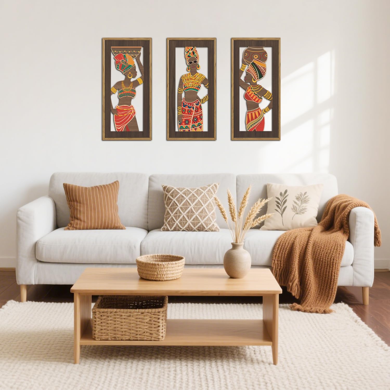 KAIRNE African American Wall Sign,Southwestern Orange Wooden Wall Art,Set of 3(8”X16”) Framed,Black Women Wood Bohemian Hanging Decor,Boho African Tribe Artwork for Living Room Bedroom Decor