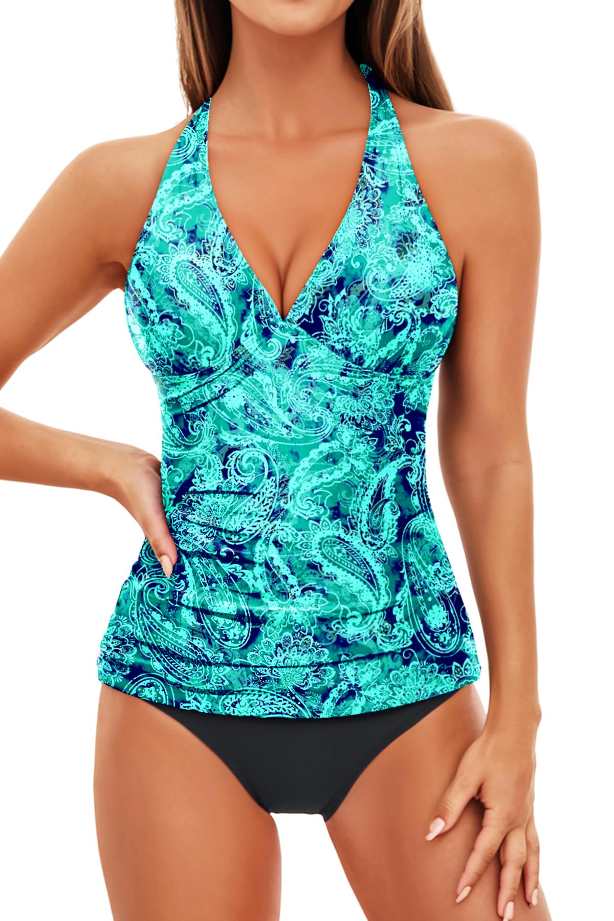 holipick Two Piece Tankini Bathing Suits for Women Tummy Control Swimsuits Sexy V Neck Halter Tankini Top with Bikini Bottom-picture-27