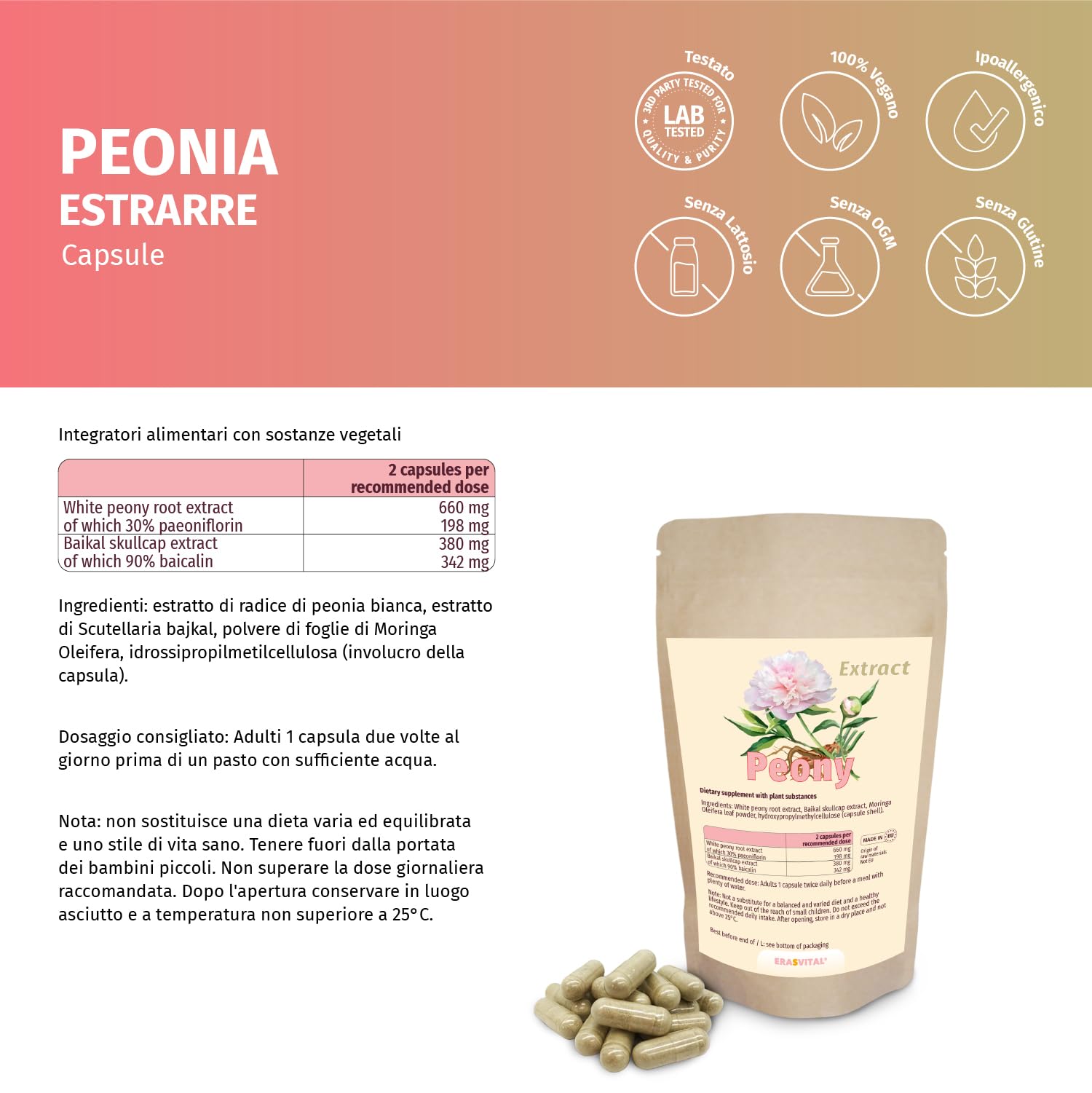Extractos de peonía y Baikal Helmkraut con cápsulas Moringa Oleifera veganas (180 unidades (1 unidad)