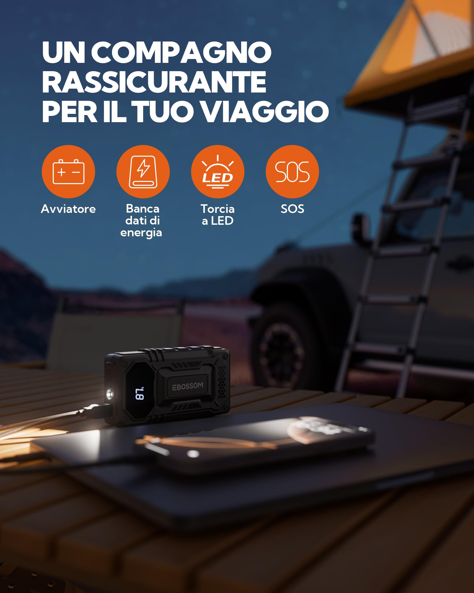 Booster Avviamento Auto, Avviatore Portatile, 12000mAh Avviatore Batteria veicolo, Jump Starter macchina con LED Torcia, Ricarica USB, Kit di Viaggio e Attrezzi di Emergenza