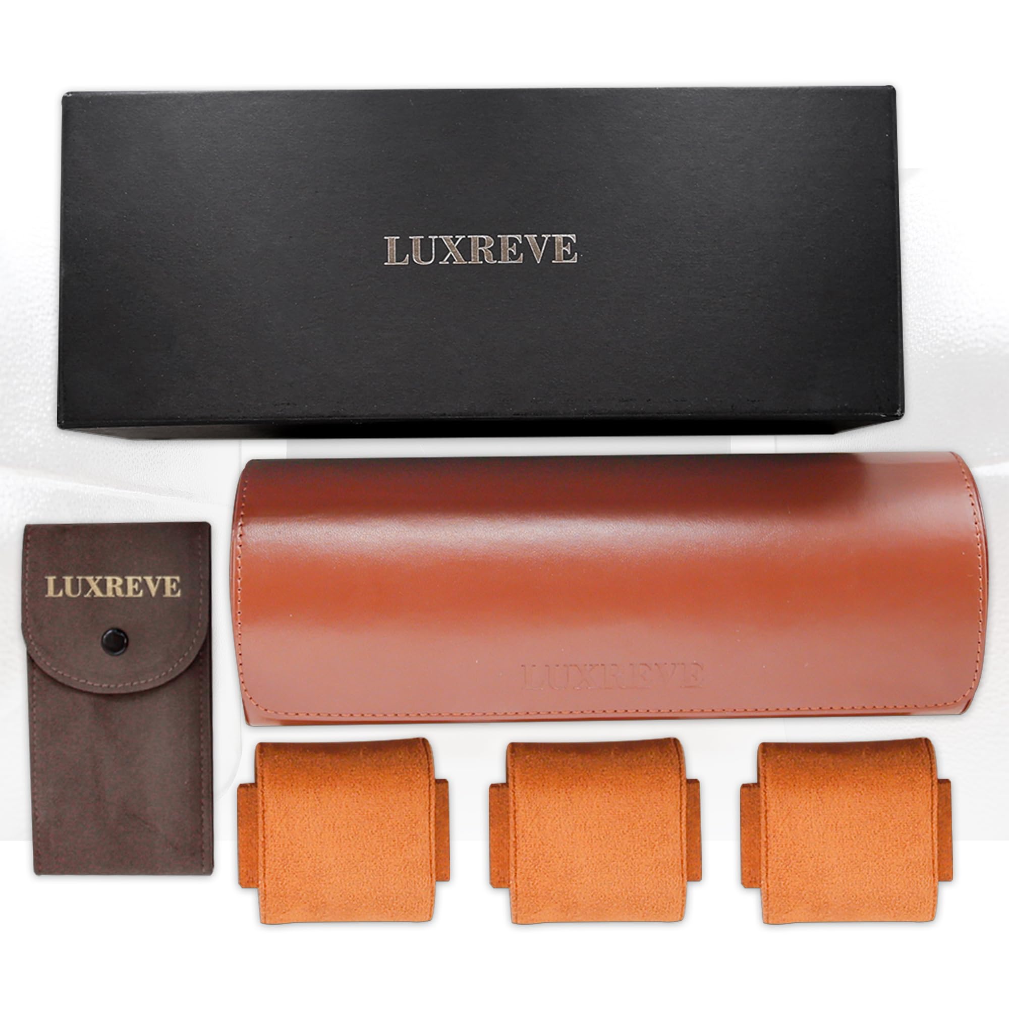 Lux Reve Perfect for Summer Trip– Travel Watch Case for 3 Watches, Stylish Leather Organizer with Soft Interior, Removable Pillows, Bonus Pouch, Compact Storage for Home, Travel or Display. Brown