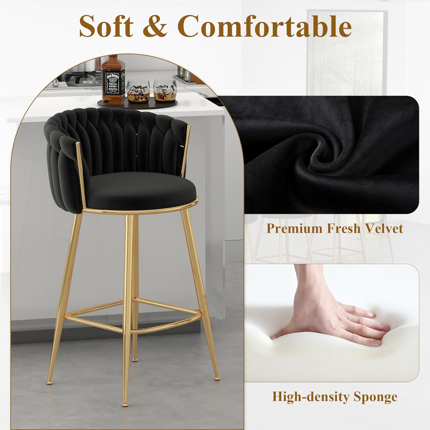 Counter Height Stools Set of 2, Velvet Bar Stools with 27 Inches Upholstered Seat Height, Handmade Woven Back Armrest, Sturdy Golden Metal Legs for Home Dining Pub Kitchen Island, Black