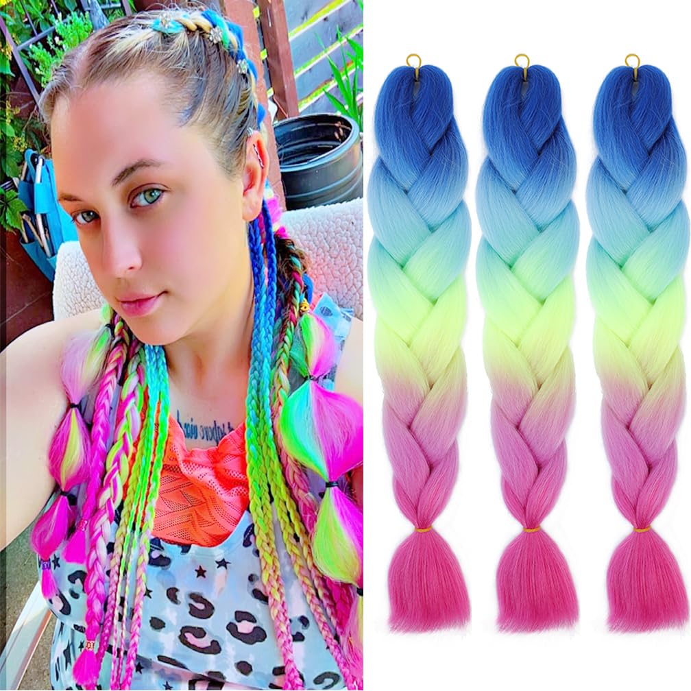 Ombre Braiding Hair Colorful 24 Inch Hair Extension Braid Hot Water Setting High Temperature Synthetic Fiber(E7-3Packs)