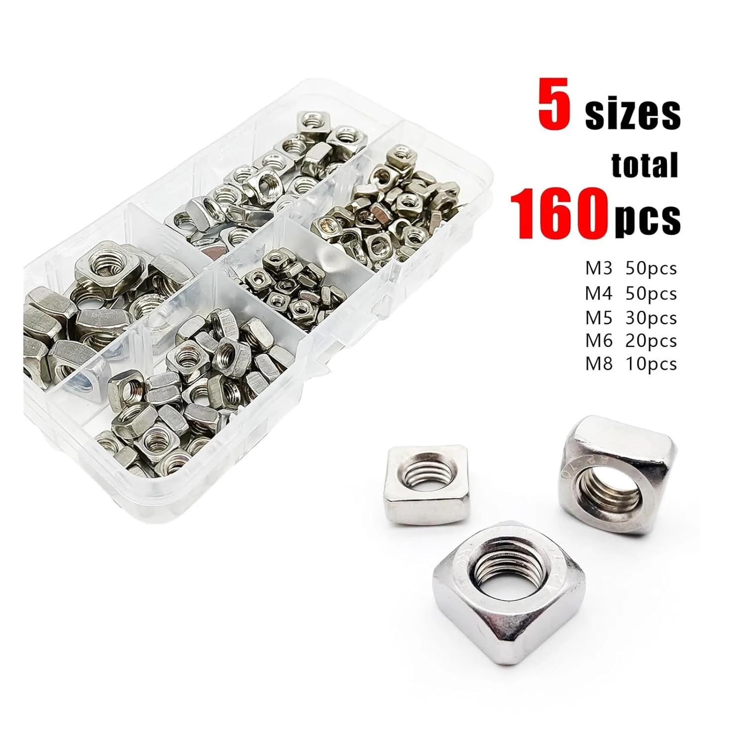 160pcs/box DIN557 GB39 Square Nut Foursquare Quadrate Nut Set Mix Size M3-M8 Assortment Kit Box 304 A2 Stainless Steel
