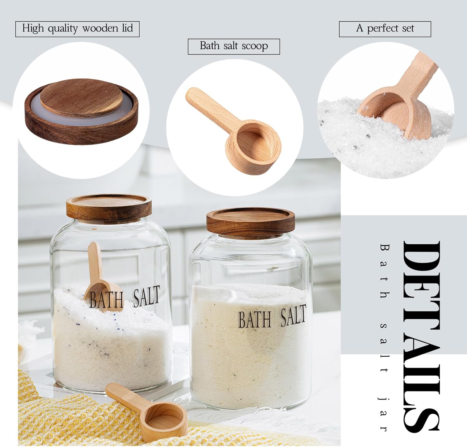 SiliFine 2 Sets 74 oz Large Bath Salt Container with Wooden Scoop for Glass Bath Salt Jar with Airtight Lid Storage Canister for Food, Flour, Sugar, Cookie, Kitchen