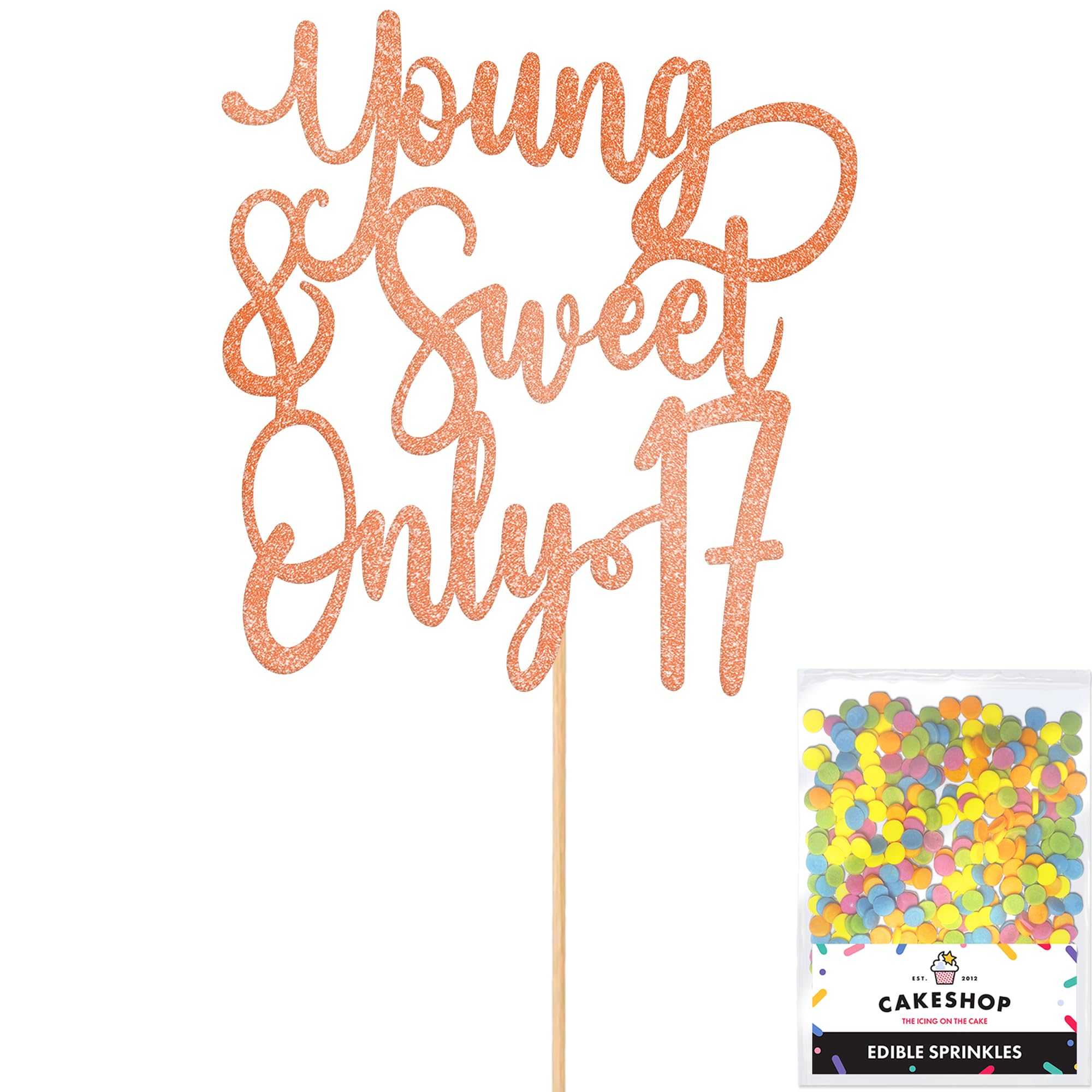 Cakeshop Personalised ABBA Themed Glitter Cake Topper With Sprinkles - Rose Gold Custom Colour - Any Age - Double-Sided Glitter Card Cake Decoration - Custom Toppers for Cakes — image 1