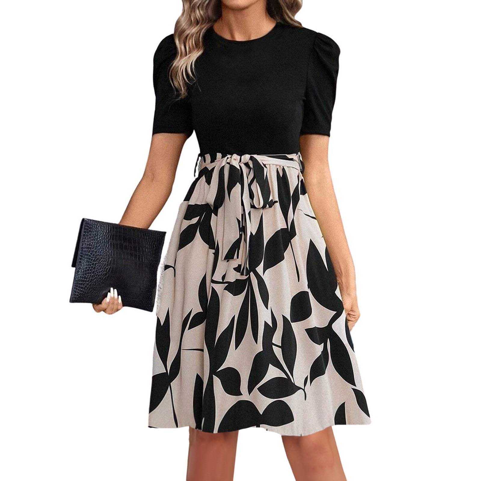 Floral Mini Dress for Women Causal Summer Tie Empire Waist Wrap Dress Short Sleeve Knee Length Flowy Ruffle Dresses