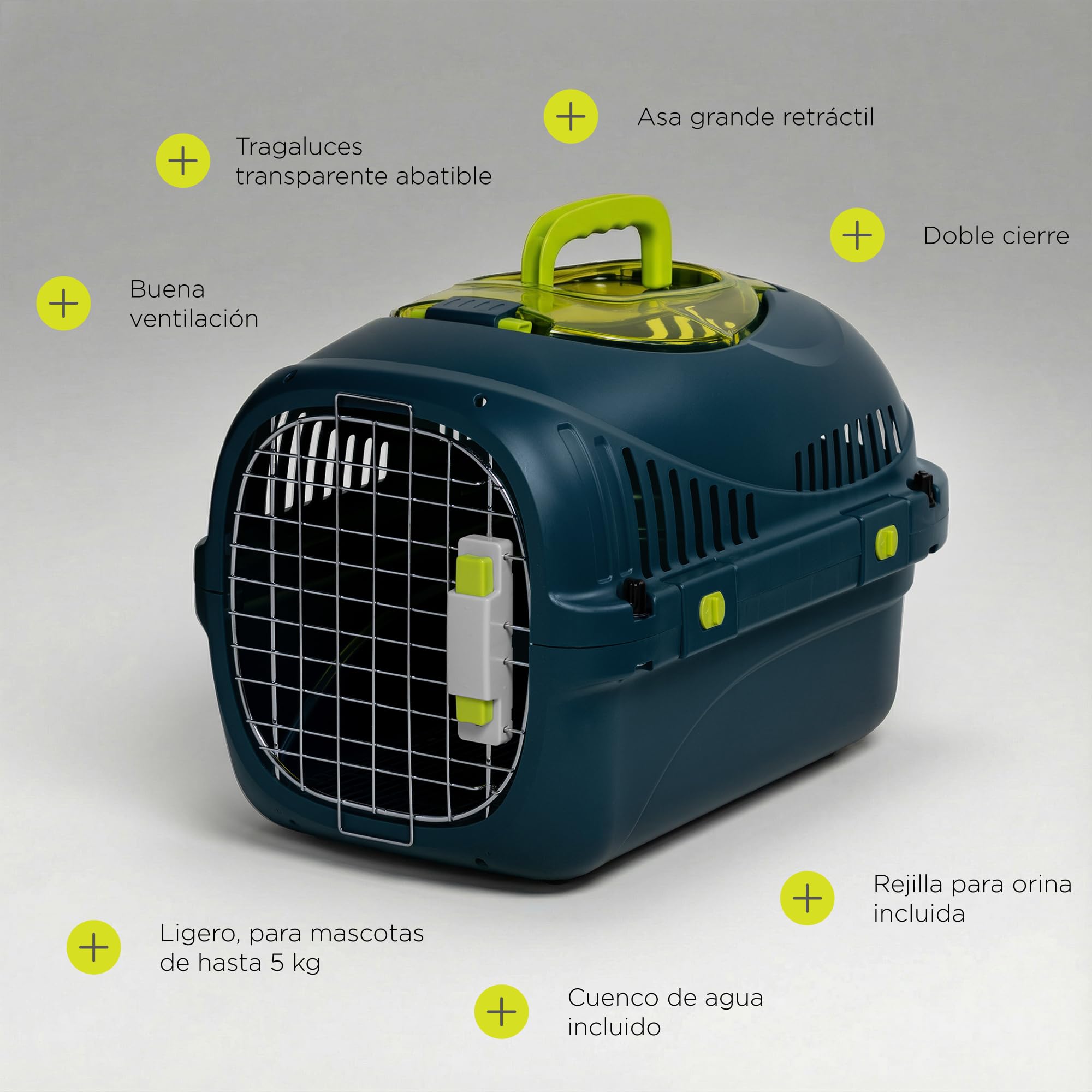 Safy Transportín para Gatos Rígido, Carcasa PP, Puerta de Metal con Doble Cierre Seguro, Ventilación 360, Asa Plegable, Rejilla para Empapador y Cuenco Colgable, para Coche y Viaje, hasta 5 kg