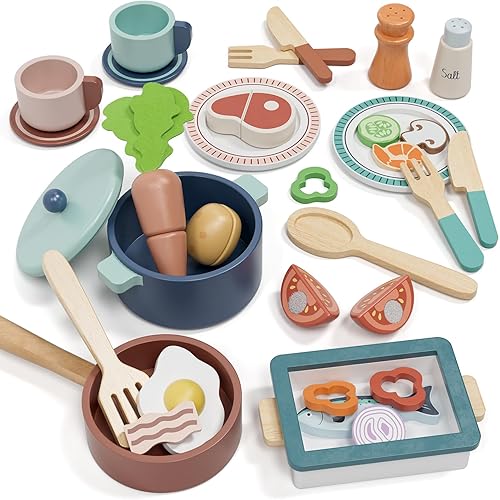 Lehoo Castle Accesorios de cocina de madera, juegos de ollas y sartenes para niños, juegos de comida para niños, juguetes de comida Montessori para