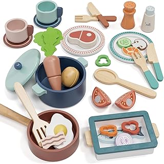 Lehoo Castle Wooden Play Kitchen Accessories, Play Pots and Pans Sets for Kids, Play Food Sets for Kids Kitchen, Montessori Food Toys for Toddlers 3-5, Gifts for Girls Boys