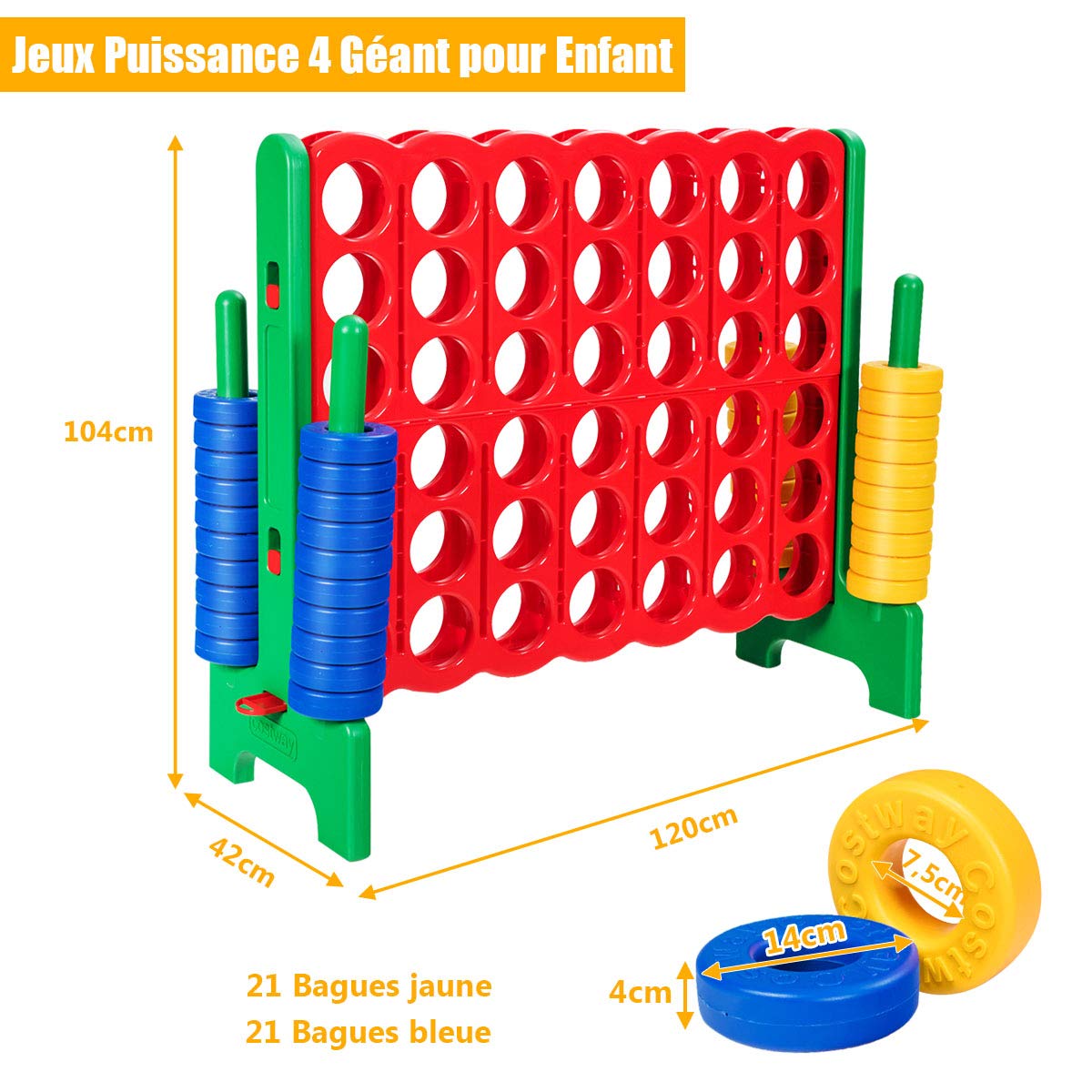 GOPLUS Puissance 4 Géant,Jeu de Société Puissance 4 avec 42 Anneaux et Curseurs pour Redémarrage Rapide, Jeu de Stratégie pour Enfants, 120 x 42 x 104 cm, Vert