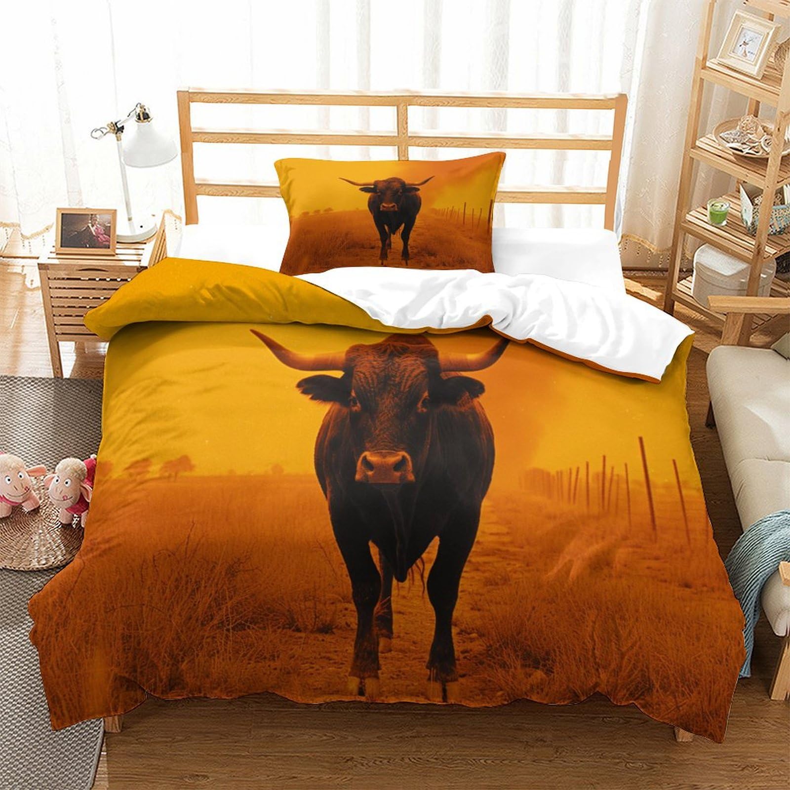 P1S9U7W5Y 3D Printed Bull Pattern 3pcs Duvet Cover Set Microfiber Animal Bedding Set Single（135x200cm）