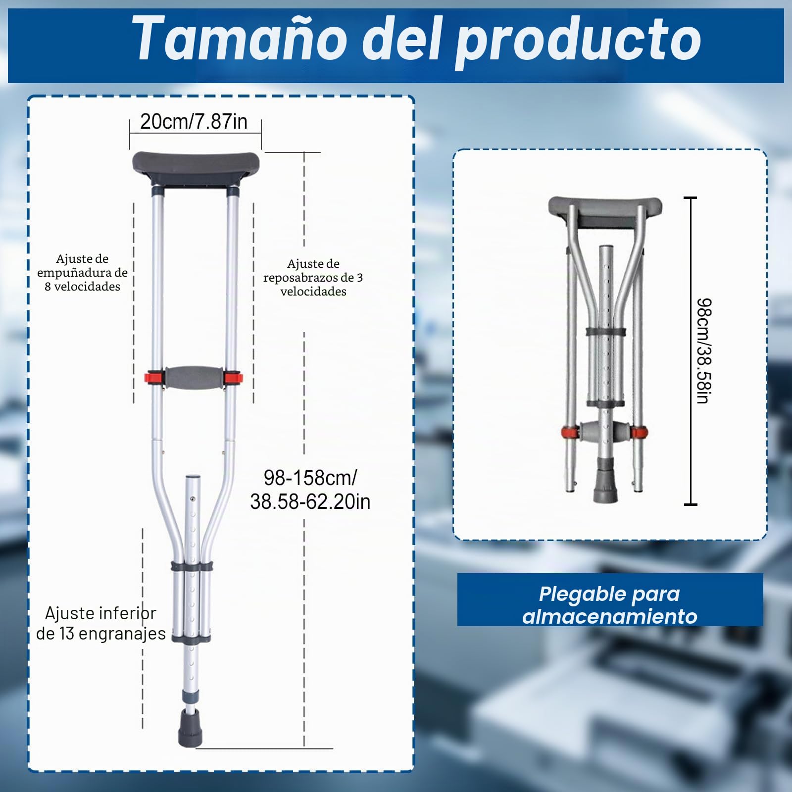 Muletas para axilas, 1 par de apoyos para antebrazos de aluminio con suaves almohadillas de agarre, altura ajustable, soporte para axilas, soporta hasta 150 kg, muletas plegables para discapacitados