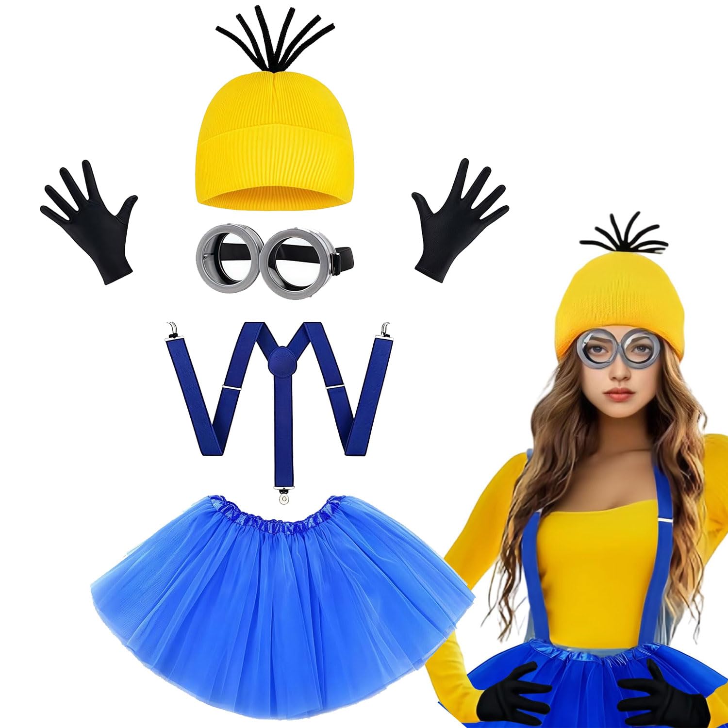 Halloween Adult Costume Accessories with Hat Goggles Gloves Funny Costume Cosplay - 5 Pcs Yellow Dress