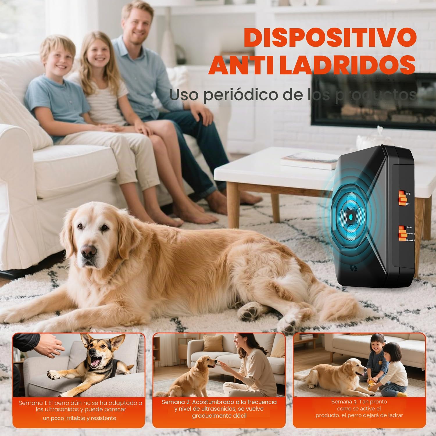 WUGEIN Ahuyentador de Perros Ultrasonidos,3 Frecuencias antiladridos,USB Recargable,Dispositivo Impermeable automático antiladridos Interior Exterior para Perros Pequeño Mediano Grande,33FT Alcance
