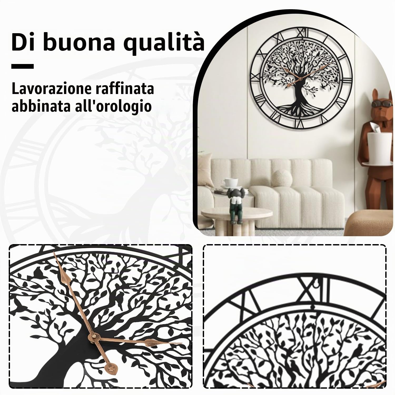 Grande albero della vita orologio da parete in metallo nero grande orologio da parete decorazione per la casa soggiorno orologi da parete con numeri Silent Mid-Century orologio moderno