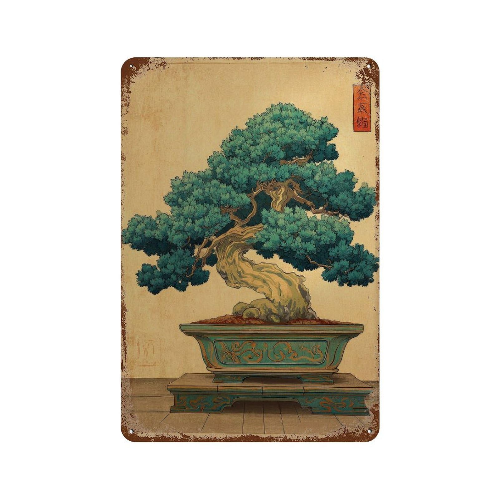xiaoxiaoshen Bonsai Tree. Traditional Japanese Botanical Wall Decor Art Metal Tin Poster Modern Home Decor Art Home Bar Shop Decorations Vintage Sign 30x20cm