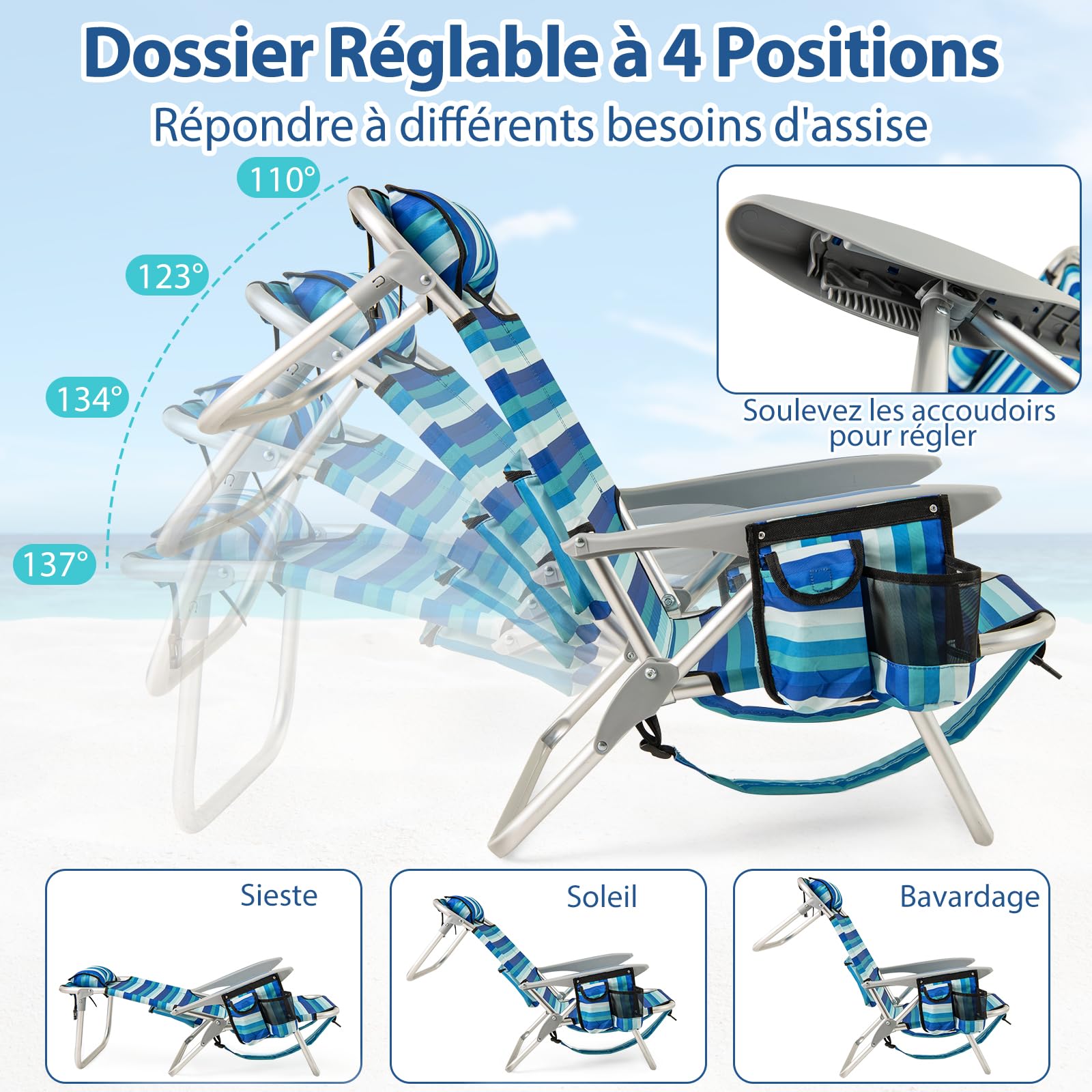 COSTWAY Chaise Longue Pliante, Chaise de Plage en 4 Positions, Appui-tête, Porte-Serviette, Sac Isotherme, Poches, Poignée de Transport, Fauteuil pour Jardin Camping Piscine, Charge 150 kg (2)