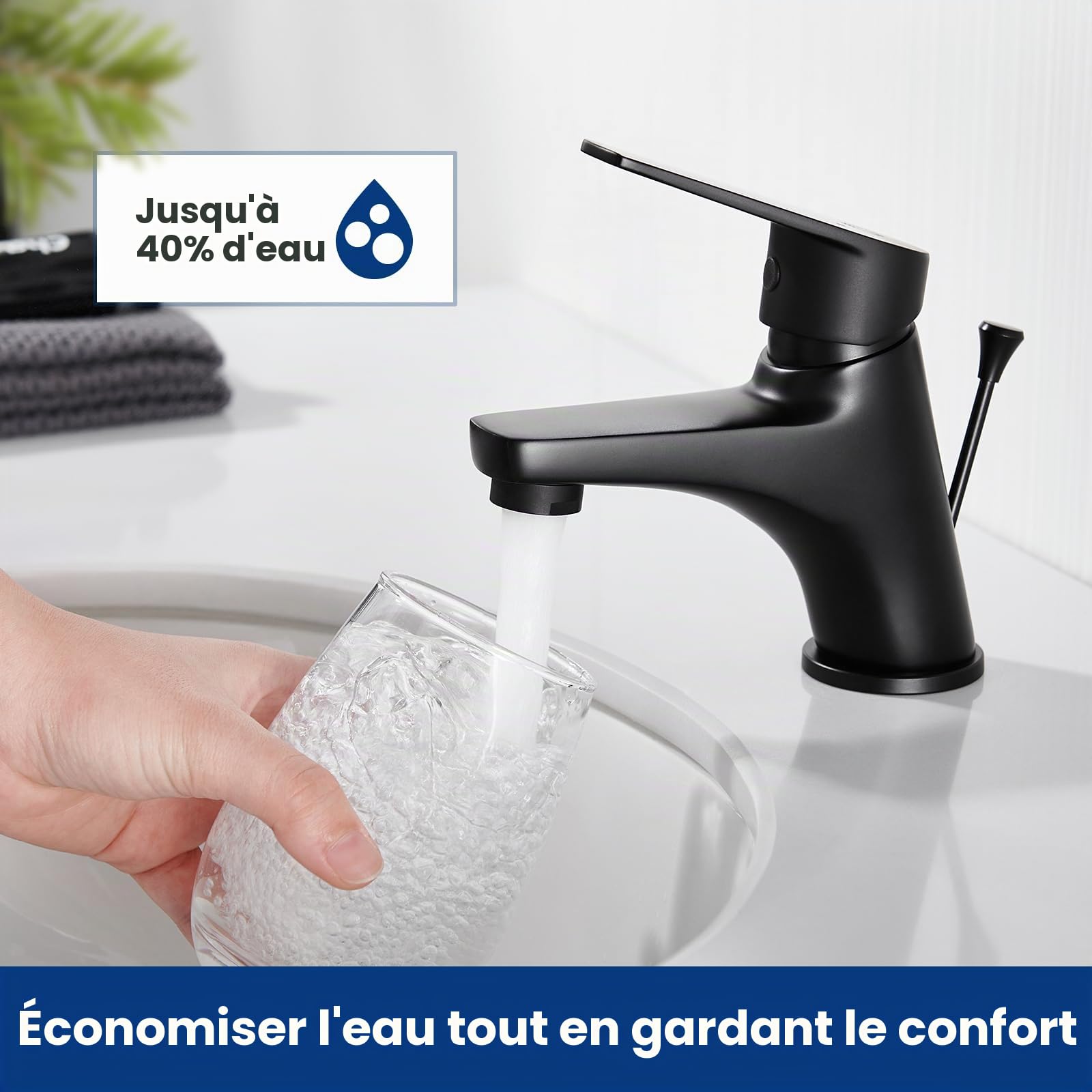 CECIPA Robinet de salle de bain, noir, mitigeur de lavabo avec tige de traction et bonde, mitigeur de salle de bain avec hauteur de bec 57 mm, robinet de lavabo en laiton, robinet de salle de bain
