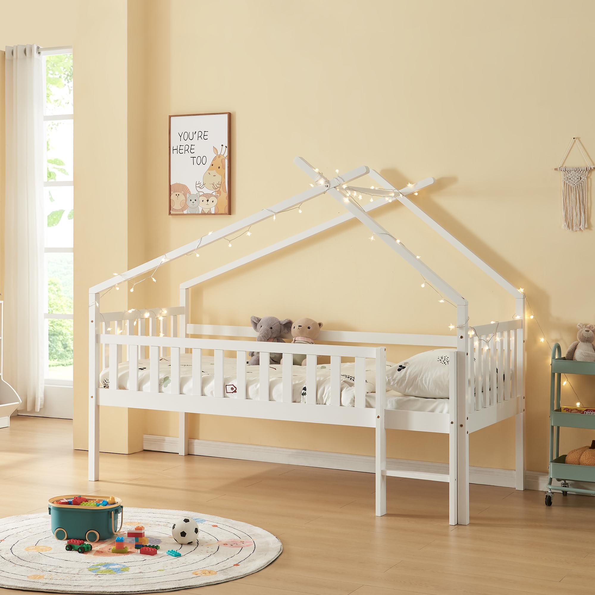 [en.casa] Lit Cabane Lit Enfant Surélevé en Forme de Maison avec Barrière de Protection Échelle Lit Mezzanine avec Sommier à Lattes Bois de Pin Contreplaqué 90 x 200 cm Blanc