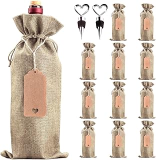 LZYMSZ Jute Burlap Wine Bags, 12pcs Wine Bottle Gift Bags Drawstring Wine Bottle Covers with Tags, Ropes and Stoppers, Wine Bottle Bags Reusable Wine Bottle Covers for Wedding,Christmas, Party W