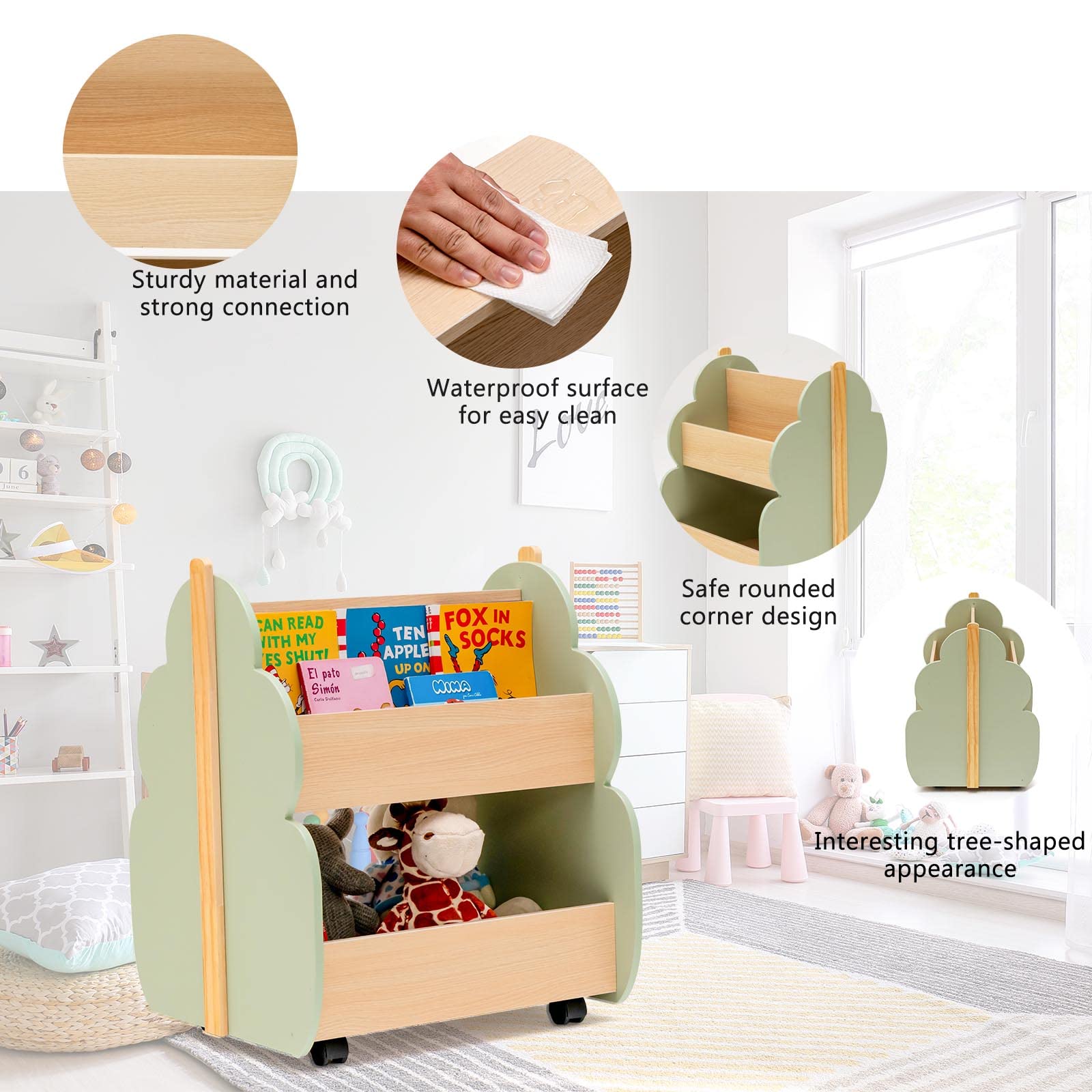 LIFEZEAL Estantería Infantil con Ruedas, librería de Madera de 2 Niveles para habitación de niños, Organizador de Juguetes con diseño de árbol, Organizador de Almacenamiento Multiusos para guardería