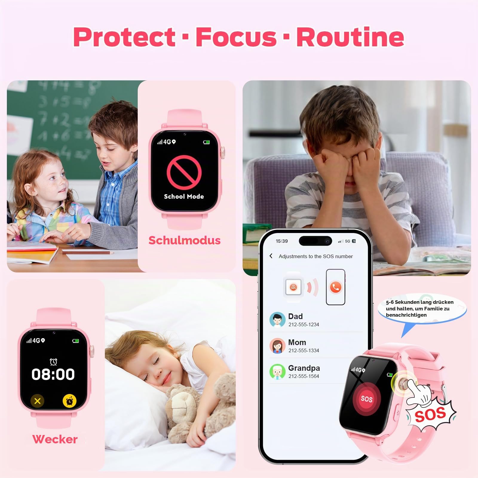 4G Smartwatch Kinder, Kinder Telefonuhr mit Videoanruf, Voice Chat, GPS, SOS, Schulmodus, Wecker, Schrittzähler, Spiele, Smart Watch für Jungen Mädchen Kinderuhr Geschenke 4-12 Jahren (Orangerosa)