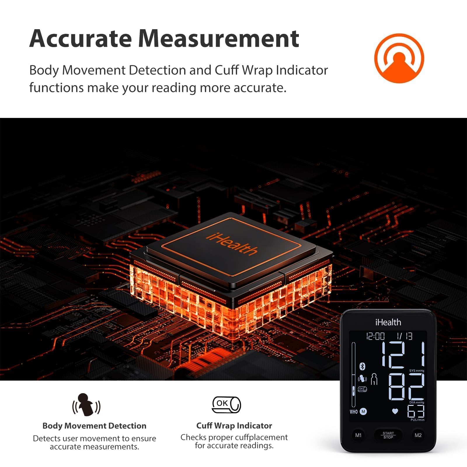 iHealth Accu Blood Pressure Monitor – 4.5" Large LCD, Clinically Accurate, Irregular Heartbeat Alert, Body & Cuff Detection, Bluetooth Sync, Adjustable Large 8.6"–17" Cuff– Easy for Seniors & Adults