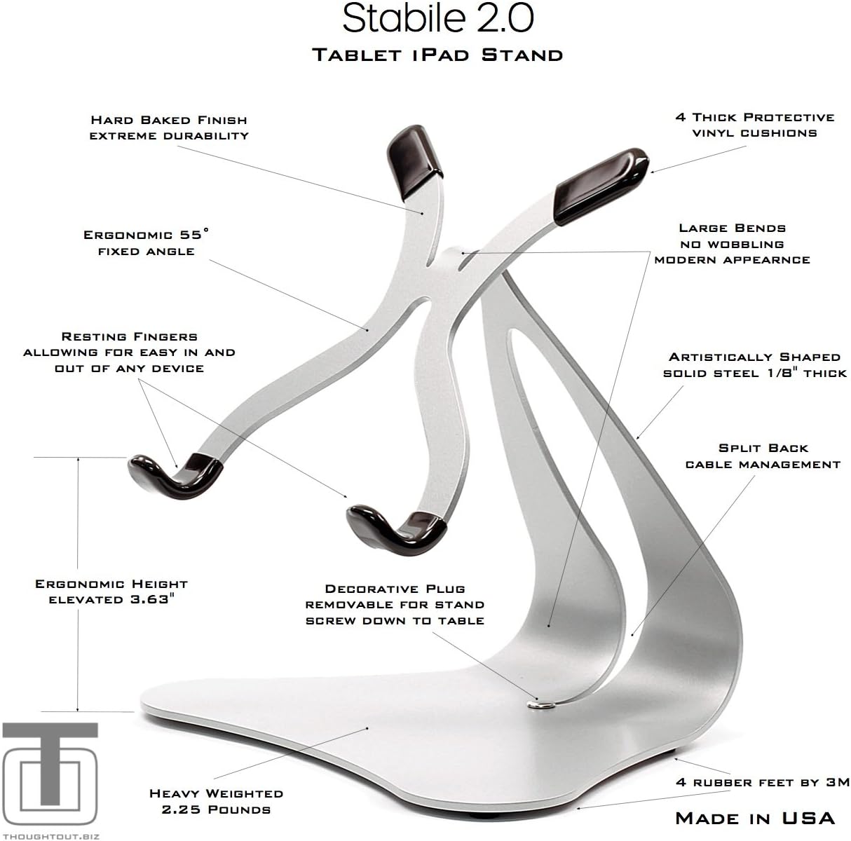 Thought Out Stabile 2.0 Steel Stand Silver - Made in USA - Compatible with Apple iPad