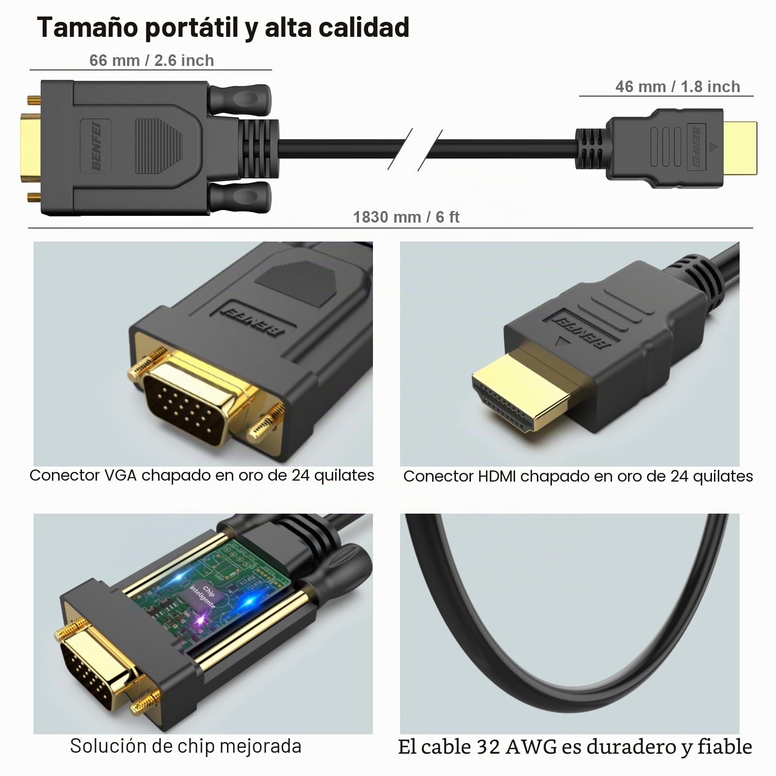 BENFEI Cable HDMI a VGA Chapado en Oro Macho a Macho 1,8 m Negro