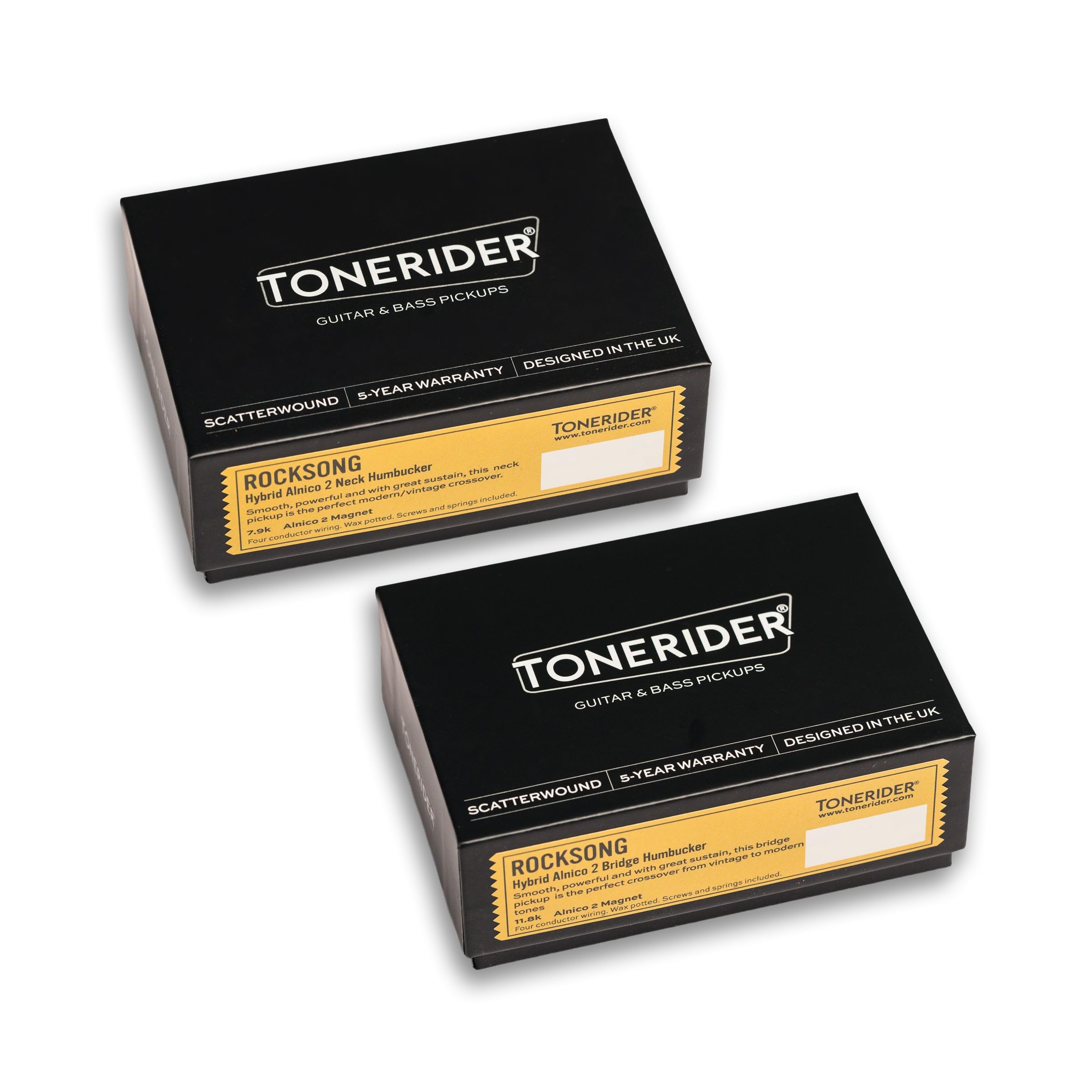 Tonerider Rocksong Humbucker-Tonabnehmer-Set, Schwarz, 50 mm Abstand, Alnico 2 Magnete, überwickelte PAFs, Power und Dynamik, 4-Leiter-Verkabelung, 5 Jahre Garantie